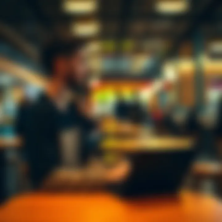A college student looks pensive while sitting alone at a table in a bustling café, reflecting on his thoughts and feelings of isolation.