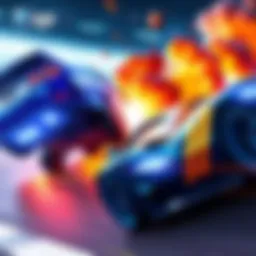 Two Rocket League cars colliding at high speed, causing an explosion to show collision mechanics in action.