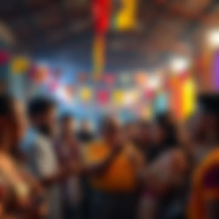 A diverse group of people in Colombia engaging in a friendly conversation, showcasing a vibrant cultural atmosphere without the use of slurs.