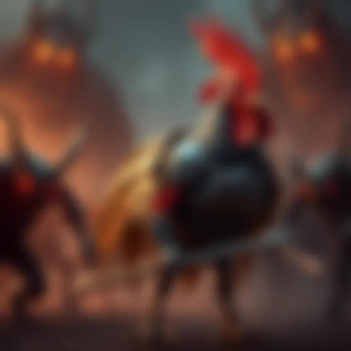 Colonel the Great Rooster in armor, standing bravely against dark beasts with glowing eyes in a fierce battle scene.