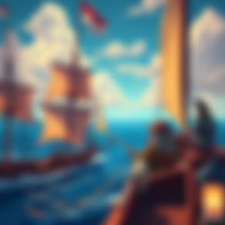 A vibrant illustration showing ships sailing across the ocean during colonial times, with explorers on deck looking out towards new lands.