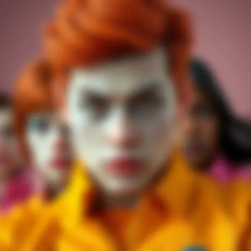 A bold character with fire engine red hair clashes with pastel accents, showcasing the controversy over new super styles.