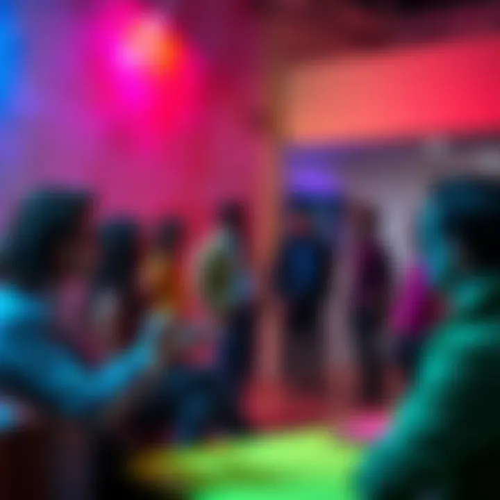 A group of people discussing various colors and their meanings in a vibrant setting.