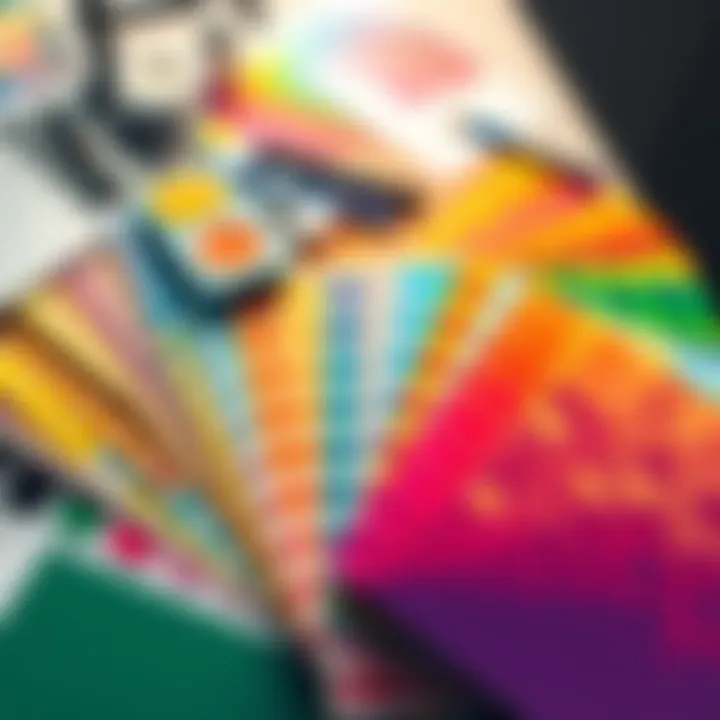 A vibrant collection of color swatches laid out on a designer's table, showcasing various hues and shades for creative projects.
