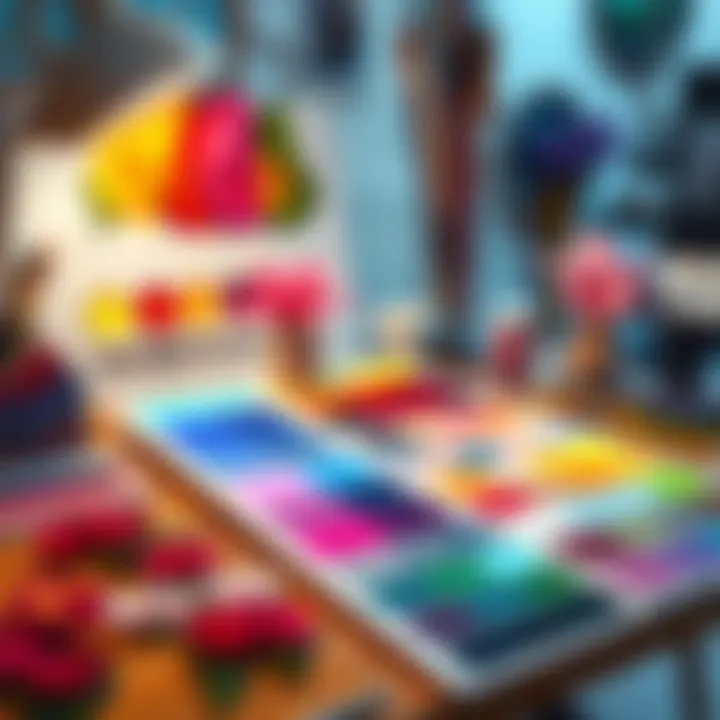 Color Palette for Lobelia Art An artist's workspace showing swatches of vibrant colors for a Lobelia-themed art piece in porcelain style.