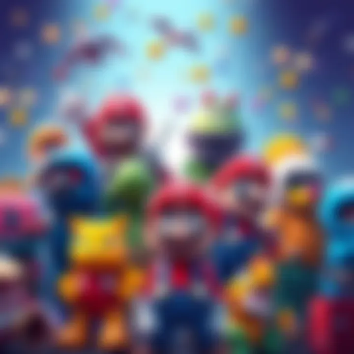 A collection of iconic 2D and 8-bit game characters in vibrant colors, showcasing their unique designs and styles.