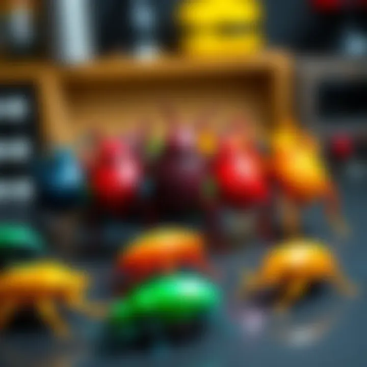 A collection of six vibrant 3D printed beetle models displayed together on a table.