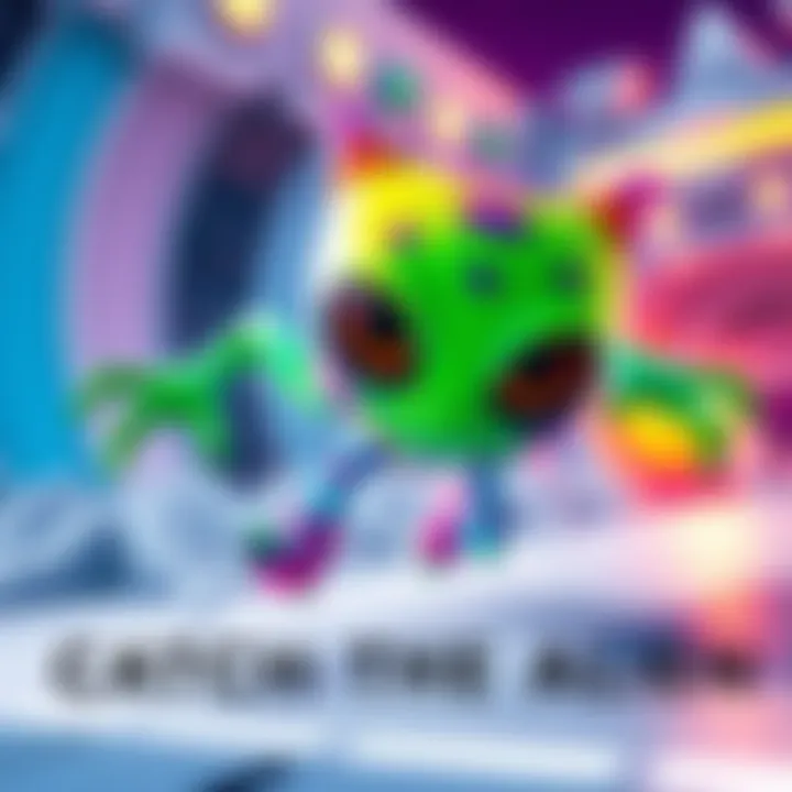 A vibrant alien character with large eyes and a mischievous grin, dodging obstacles in a space-themed environment, while players chase it.