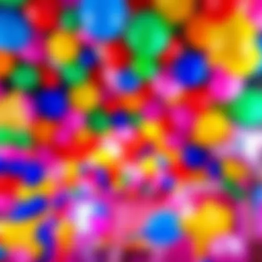 A vibrant display of balloon decorations at a party featuring various shapes and colors, creating a festive atmosphere.