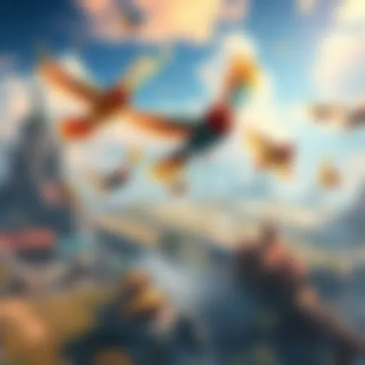 A group of vibrant birds soaring in the sky above a game world, with hints of Scrappy and bird city below.