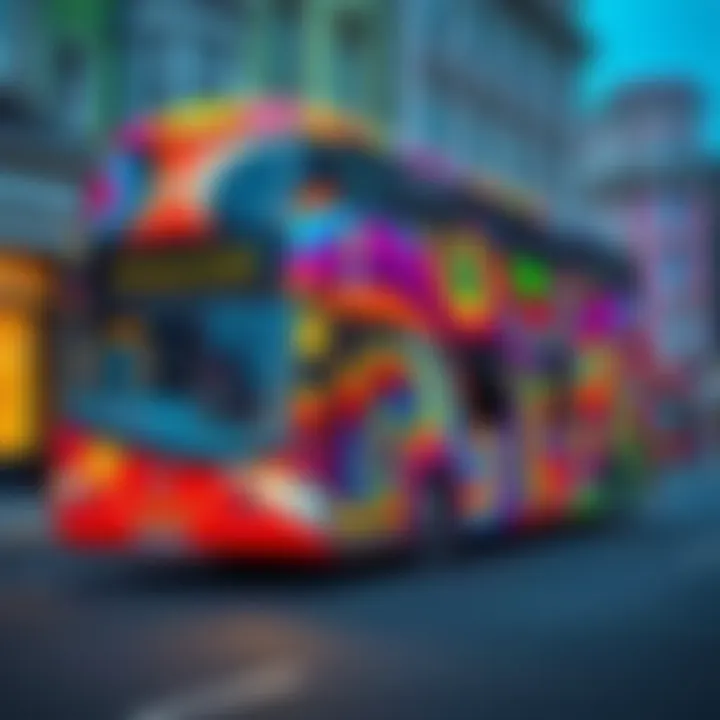 A vibrant London bus covered in artistic designs, showcasing vivid colors and unique patterns, parked on a city street