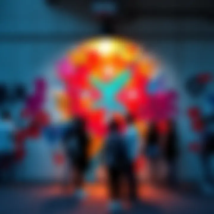 A vibrant decal on a wall depicting a popular symbol with people admiring it