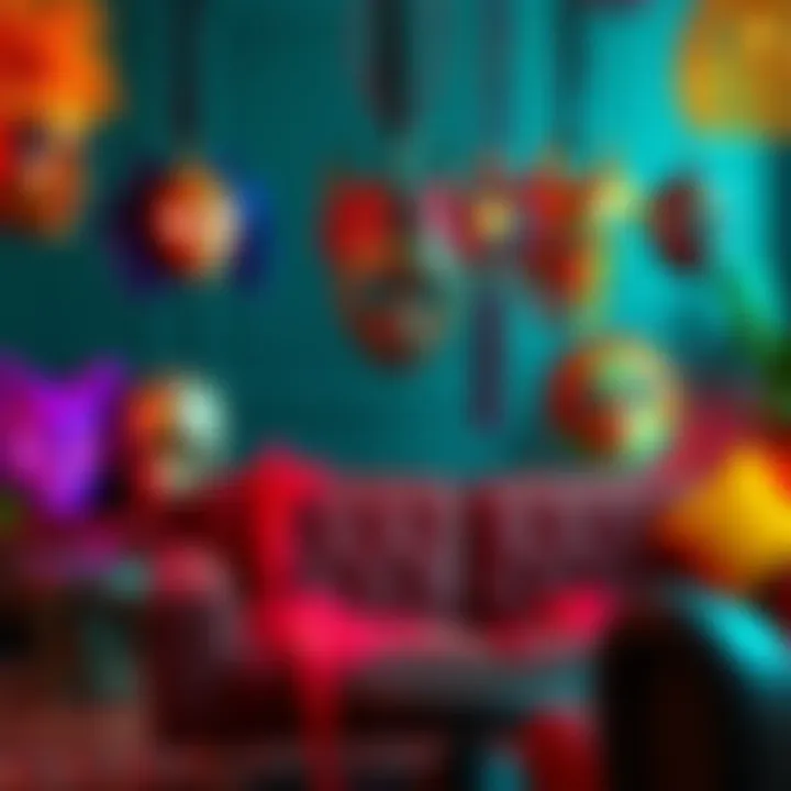 A collection of vibrant and playful decoration masks displayed in a stylish lounge setting, adding character to the room.