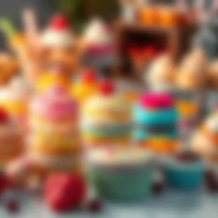 Colorful desserts and treats on a table A variety of colorful desserts including cupcakes, cookies, and pastries arranged on a table