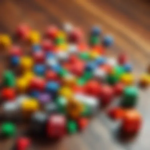 A vibrant assortment of dice in various shapes and colors scattered on a wooden table, evoking a sense of fun and excitement.