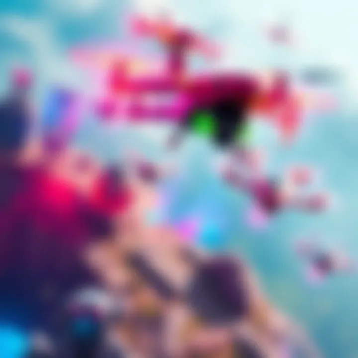 A group of vibrant drones flying with futuristic designs above a digital landscape in a popular game.