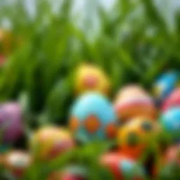 A vibrant array of Easter eggs nestled among green grass, showcasing various patterns and colors