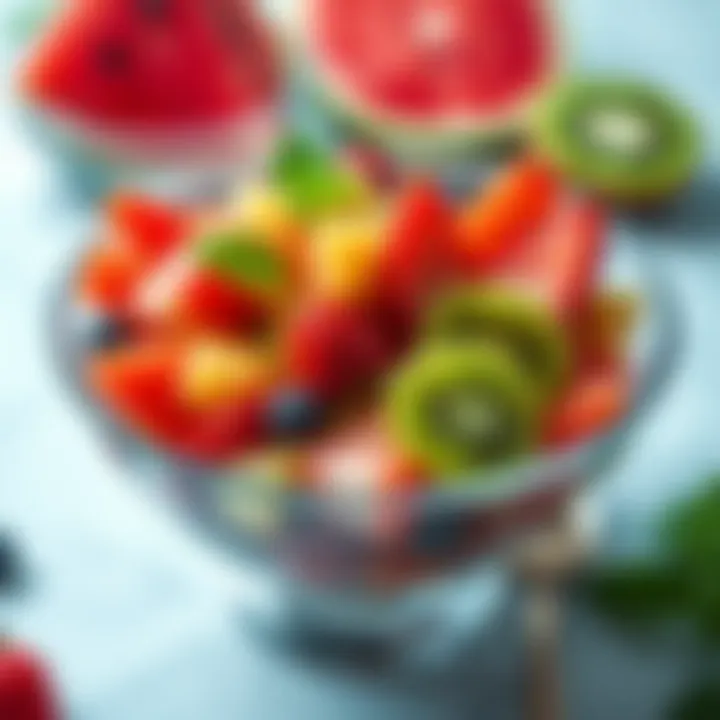 A vibrant fruit salad with slices of watermelon, strawberries, and kiwi in a bowl