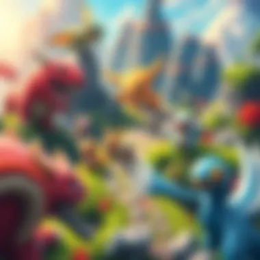 A group of vibrant game characters exploring a fantasy world filled with lush landscapes and magical creatures