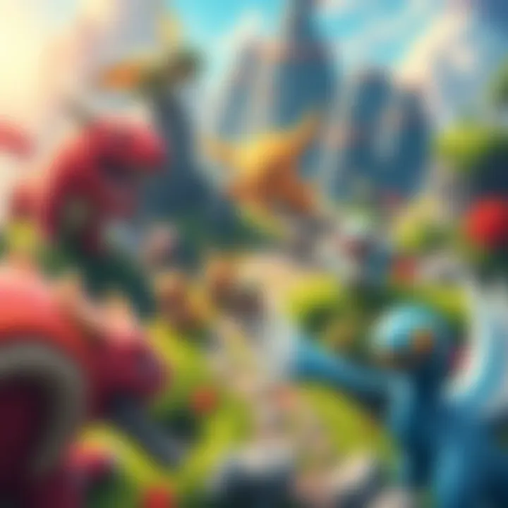 Colorful game characters on an adventure A group of vibrant game characters exploring a fantasy world filled with lush landscapes and magical creatures