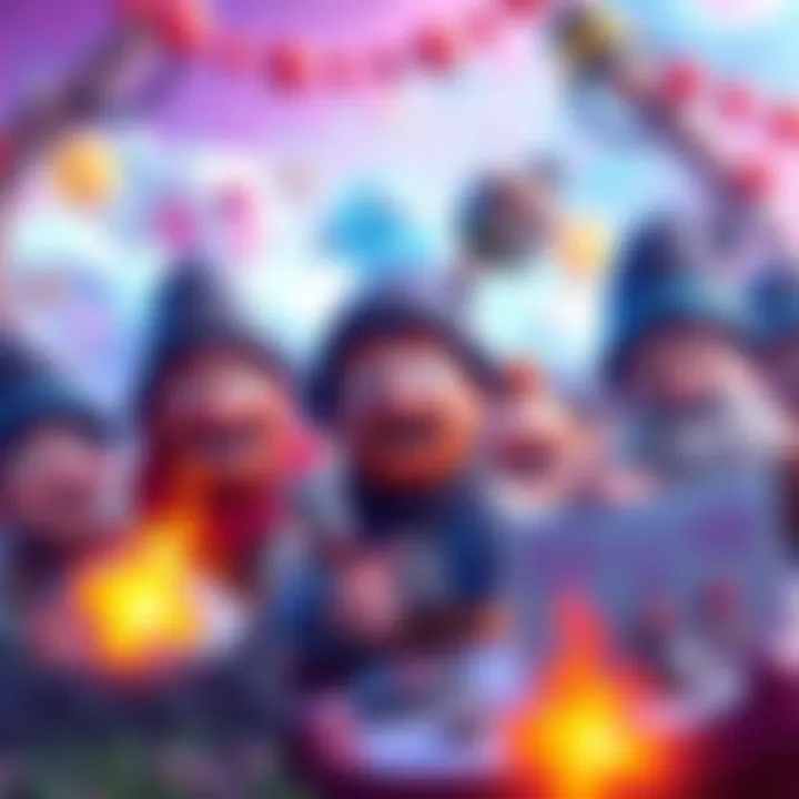 A group of cheerful game characters enjoying a humorous adventure in a vibrant game world