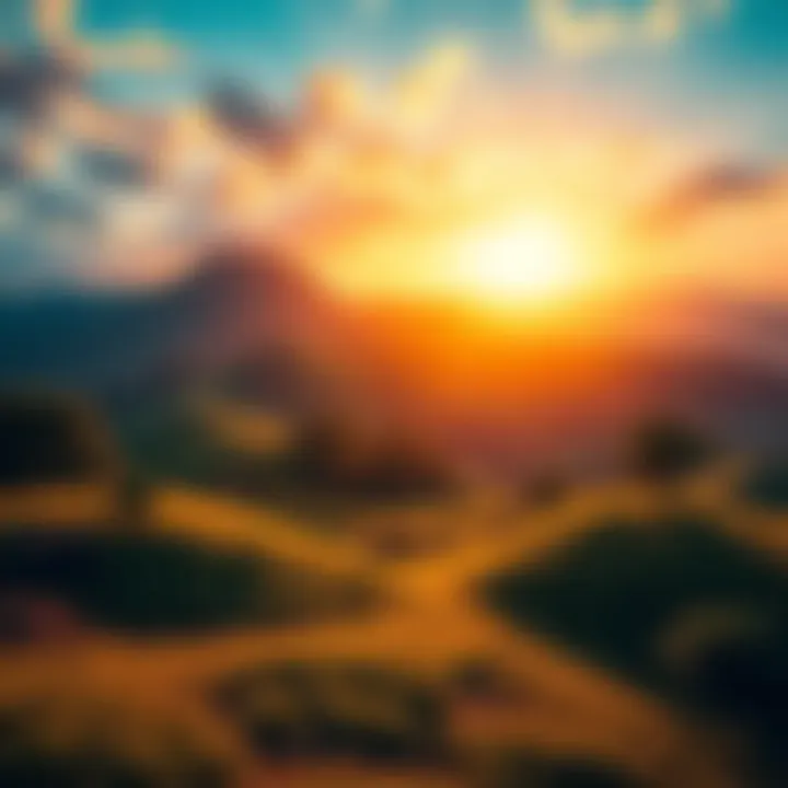 Colorful game landscapes A vibrant scene from a game featuring lush green hills and a sunset sky