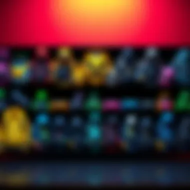 Various colorful game skins displayed on a digital screen, showcasing different designs and color options for customization.