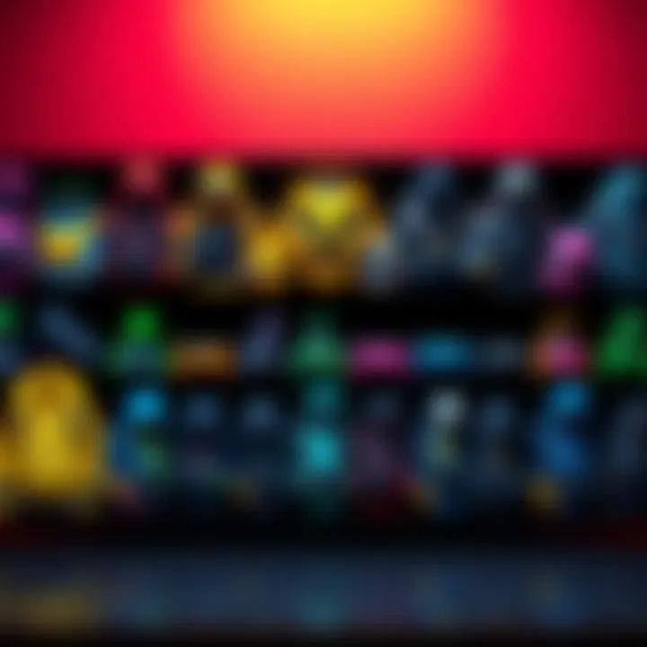 Various colorful game skins displayed on a digital screen, showcasing different designs and color options for customization.