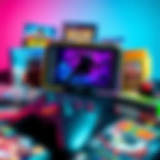 A vibrant gaming console surrounded by various action game cases and a controller, illustrating quick gameplay fun.
