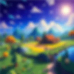 A vibrant gaming scene featuring pixel art landscapes and characters, inspired by games like Stardew Valley and Minecraft