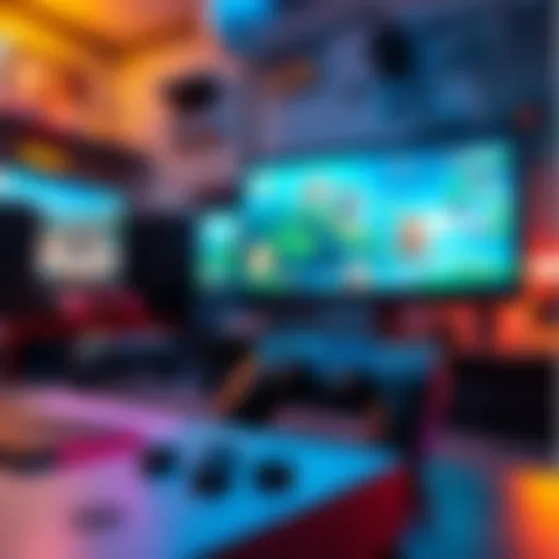 A vibrant scene depicting various engaging video games set up for quick play sessions on a console and computer screen