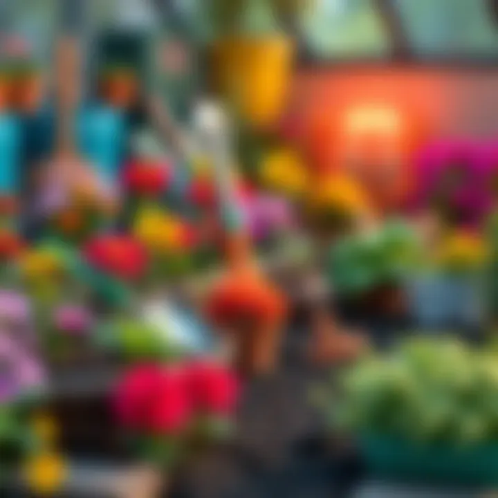 A vibrant garden with flowers, plants, and gardening tools, showcasing a creative farming atmosphere.