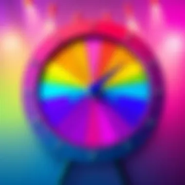 A vibrant wheel with multiple colors and a pointer, inviting people to share their favorite color for a chance to win prizes.