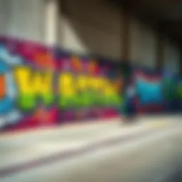 Vibrant graffiti artwork on a skatepark wall with bold designs and colors, attracting the attention of skaters and visitors