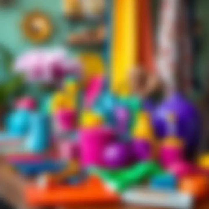 A vibrant collection of colorful items in shades of blue, purple, green, and yellow arranged neatly on a table, inviting viewers to decide whether to keep or sell them.