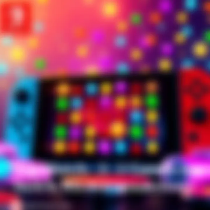 A vibrant match-3 game interface on Nintendo Switch showing colorful jewels being matched
