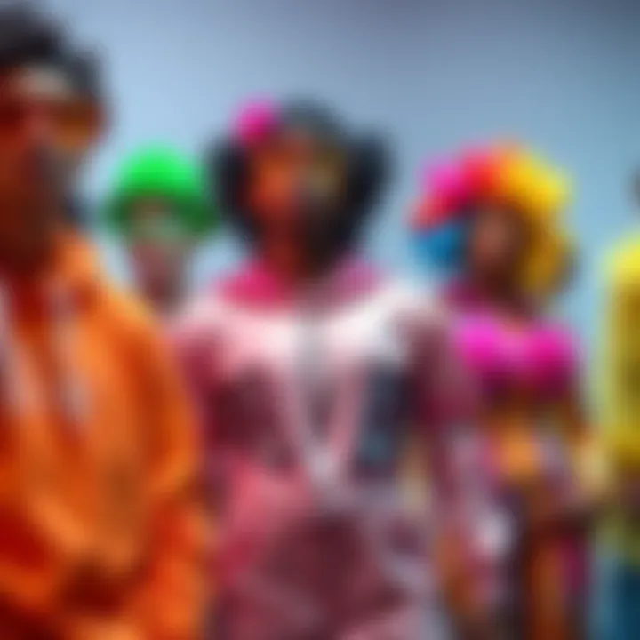 A group of people in vibrant and unique outfits, showcasing styles for those who didn't win a competition, promoting inclusivity and positivity.
