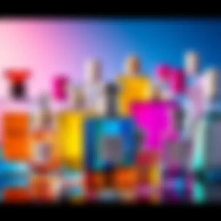 A collection of colorful perfume bottles showcasing innovative designs and eco-friendly packaging, representing the fragrance trends of 2026