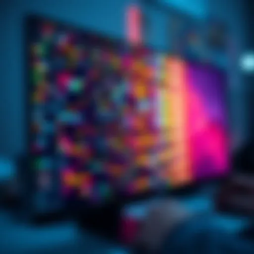 A computer screen displaying a vibrant row of free pixels in various colors