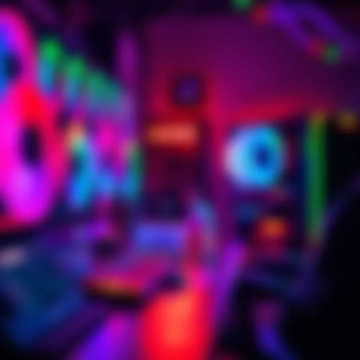 A vibrant RGB lighting setup showing a gaming desktop with colorful lights
