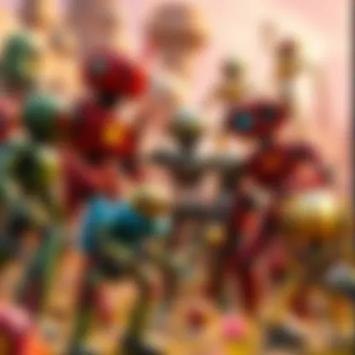 Colorful robots in a video game scene A vibrant video game scene showing various unique robots and AI characters interacting in a fantasy setting