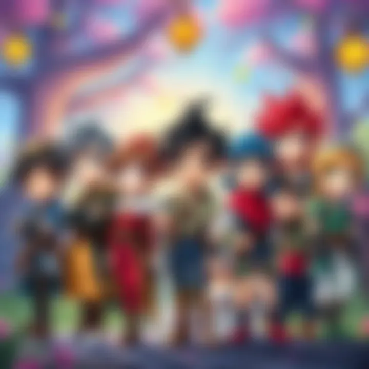 Colorful RPG Characters A group of cartoonish RPG characters in a vibrant fantasy setting, showcasing diverse customization options in appearance and attire.