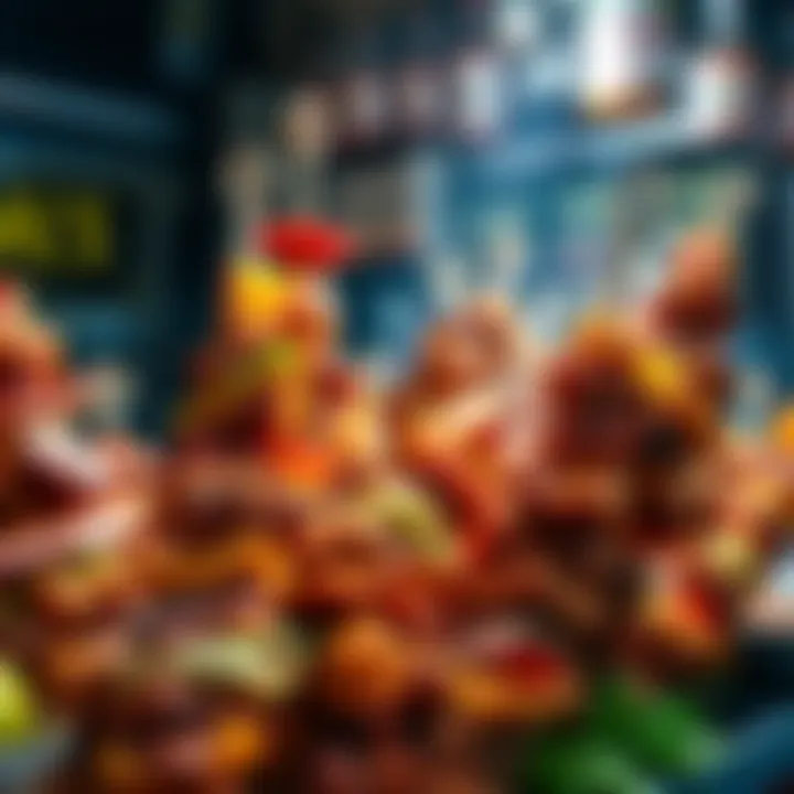 A display of extravagant skewers loaded with various meats, vegetables, and sauces, showcasing culinary excess