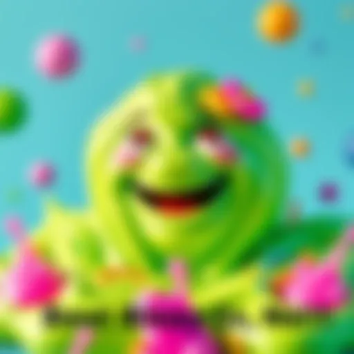 A vibrant green slime with a big smiling face, surrounded by colorful slime blobs and humor-themed decorations.