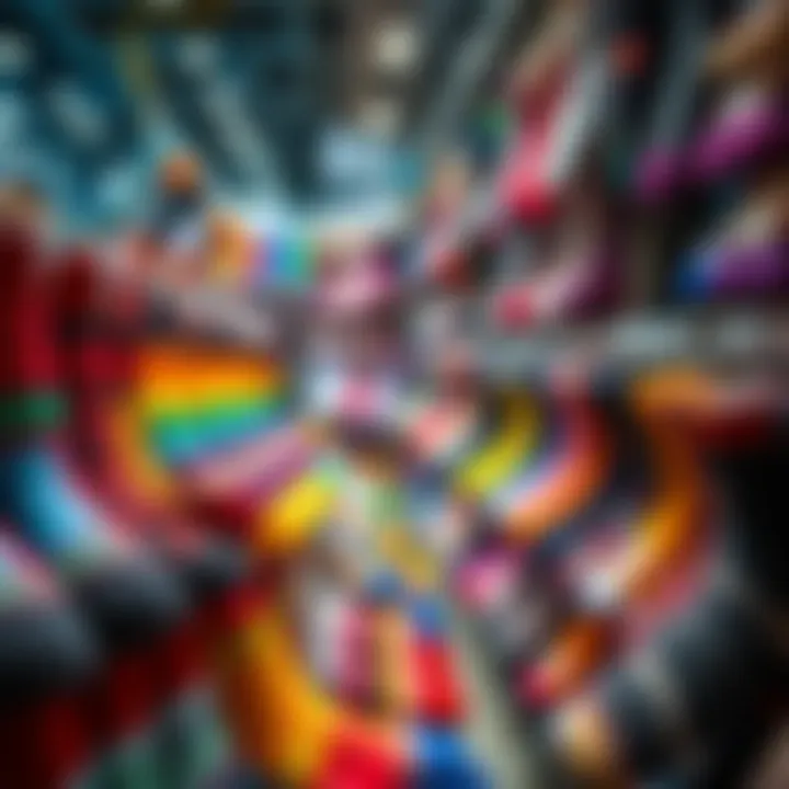 Colorful socks displayed in a store A variety of colorful socks neatly arranged in a retail store, showcasing different styles and patterns