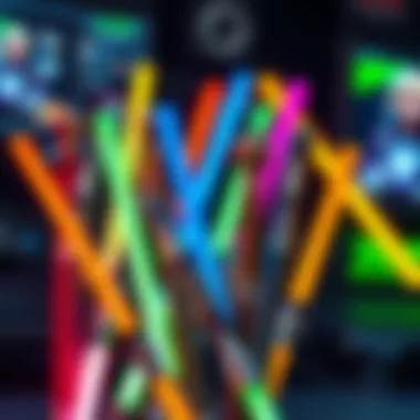 A collection of colorful wooden sticks with metal handles resembling padawan lightsabers, set against a gaming backdrop.