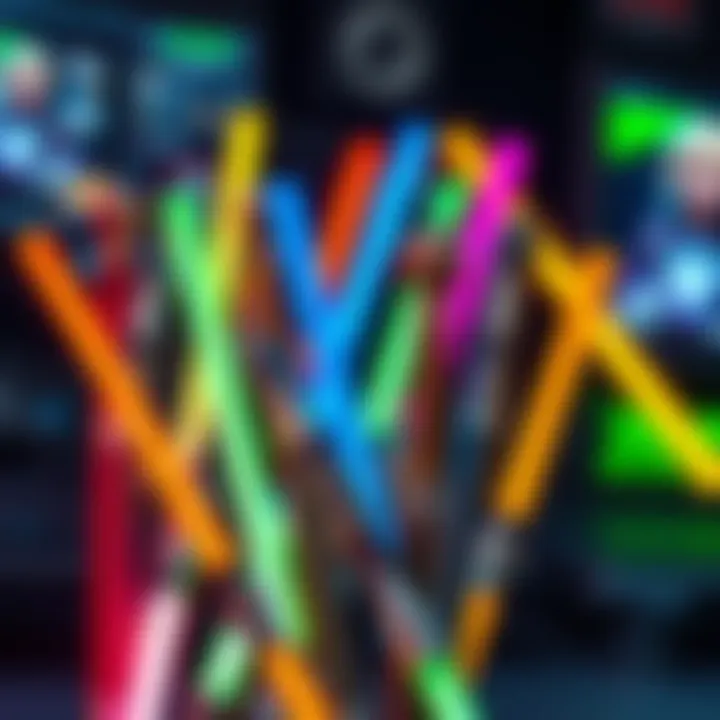 A collection of colorful wooden sticks with metal handles resembling padawan lightsabers, set against a gaming backdrop.