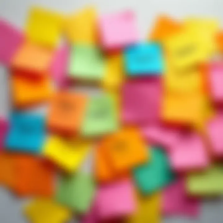 A collection of colorful sticky notes with various words and phrases written on them, representing brainstorming for project names.