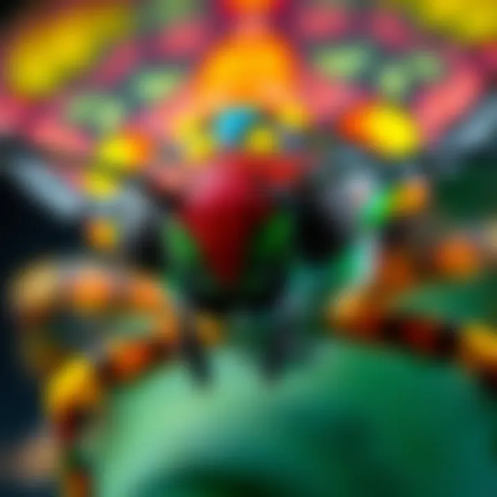 Colorful Strange Bug A close-up of a colorful bug with unique patterns on its body, showcasing its vibrant colors and unusual features.