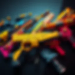 A collection of eye-catching weapons from the video game Borderlands, showcasing vibrant colors and unique designs.